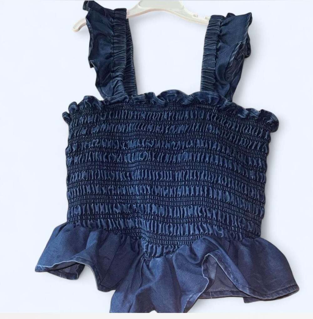 Blush Smocked Denim Ruffle Strap Tank Top